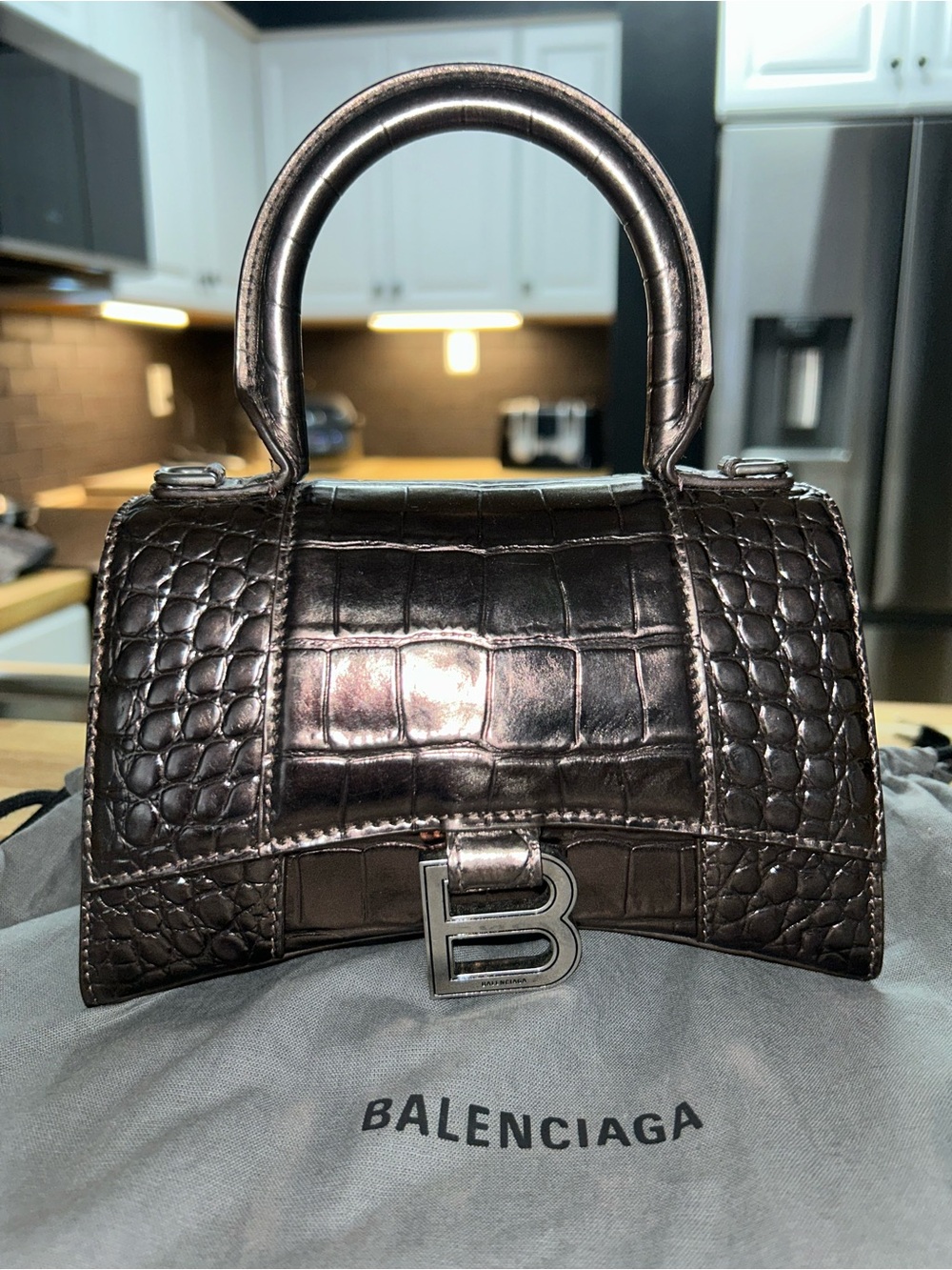 Balenciaga Mini Croc-Embossed Top Handle Bag in Metallic Brown